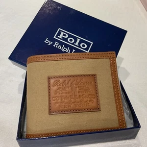 NEW POLO RALPH LAUREN MENS WALLET NEW YORK TAN LEATHER AND CANVAS BOXED - Picture 1 of 6