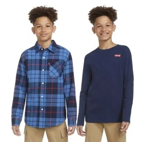 Levi's Youth Boys 2-pc Flannel + Thermal Top Set Navy Blue Plaid Size XS (5/6) - Picture 1 of 6