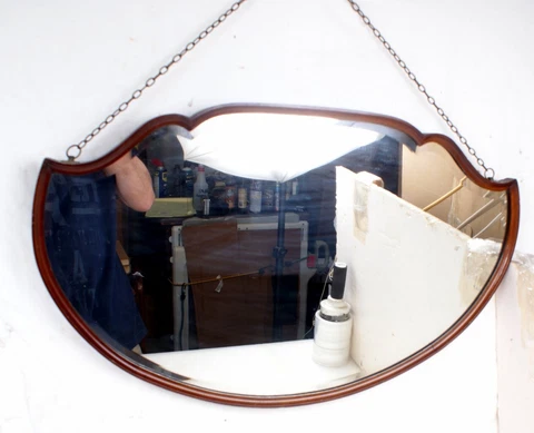 Awesome Antique Mahogany Framed Beveled Art Deco British Import Wall Mirror Cover