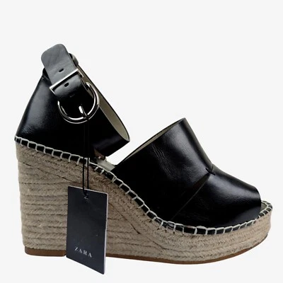 ZARA: Sandalias de tacón de cuña negras con hebilla y punta abierta: UK7: ¡ERA: £69! Foto 1 de 3