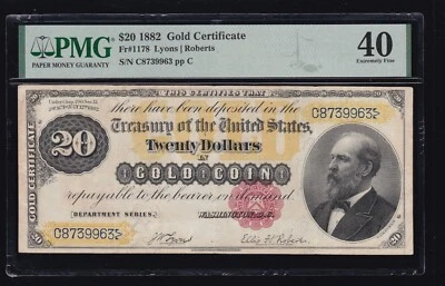 US 1882 $20 Gold Certificate FR 1178 PMG 40 XF (963) - Image 1 of 2