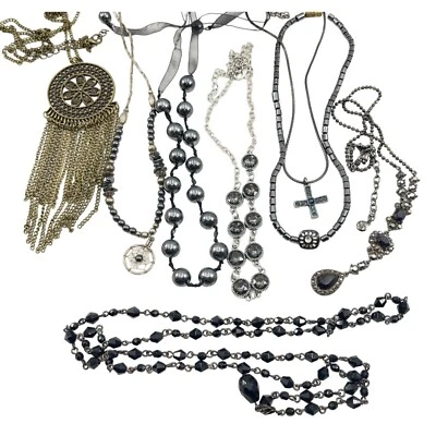 Lote de 8 colares BOHO BLACK TONES LC filigrana hematita pérolas vitorianas borla - Imagem 1 de 4