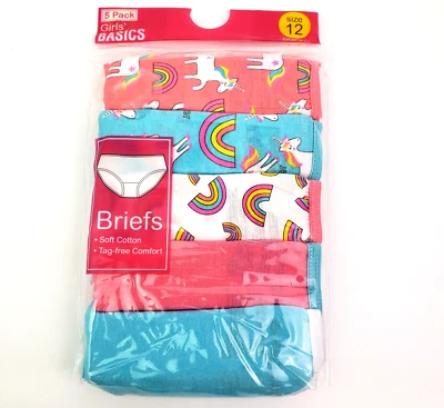 Girls Basics Sz 12 Unicorn Rainbow Pink Blue Cotton Soft Briefs Underwear 5 Pk - Image 1 of 4