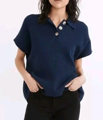NUEVO CON ETIQUETAS Madewell Para Mujer Azul Irwin Polo Suéter Camiseta Cuello Botones Acanalados | Talla XS Foto 1 de 4