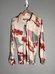 Vintage 70er Jahre Herren Abstrakt Pferde Print Disco Retro Funk Artsy Knopfleiste Hemd Gr. M - Bild 1 von 7