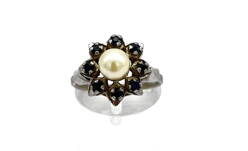 835/- Silber Ring, Perle, Saphire, rund, Gr. 56, Vintage - Bild 1 von 3