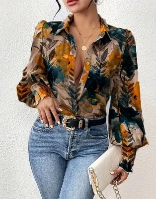 Women’s 14 XL Orange Blue Black Autumn Leaves Fall Blouse Puff Sleeves V Neck Foto 1 de 4