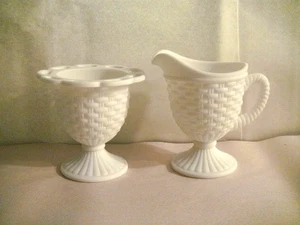 RARE SET VINTAGE IMPERIAL GLASS CREAM PITCHER & SUGAR BASKET WEAVE WHITE BISQUE - Picture 1 of 14
