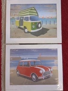Red Mini And Green Camper Prints by Martin Wiscombe Retro Art Beach Scene - Picture 1 of 8