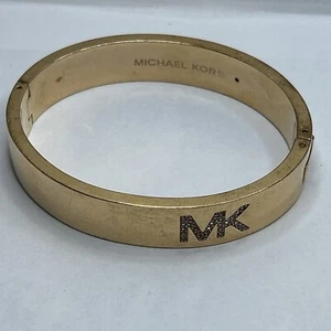 Michael Kors Bracelet Rose Gold Logo Clasp Band Hinged MK Crystal Pave Bangle - Picture 1 of 15