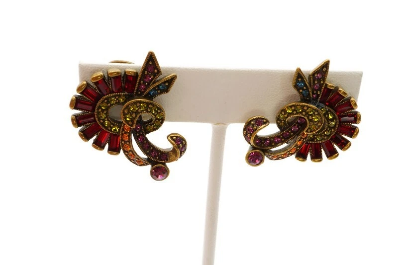 Clip On Earrings Brass Tone Red Green Orange Crystal - Image 1 of 4