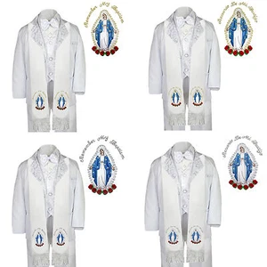 6pc Baptism White Tuxedo Paisley English Spanish Silver Gold Mary on Stole S-20 - Picture 1 of 14