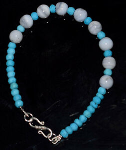 925 Silver 5-10" Strand Bracelet Turquoise-Agate Stone 6-8 mm Round Smooth Beads
