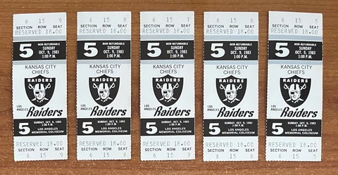 KANSAS CITY CHIEFS @ LOS ANGELES RAIDERS 1983 FULL VINTAGE FOOTBALL TICKETS (5) Cover