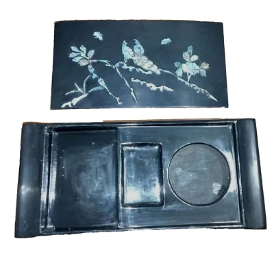 Антикварный черный лак 1920-х с перламутровой инкрустацией, коробка для дыма/шкатулка для безделушек. Б/у в отличном состоянии - Изображение 1 из 4