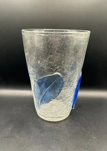 Vintage Blenko Crackle Glas klare Vase mit applizierten blauen Blättern 8" - Bild 1 von 8