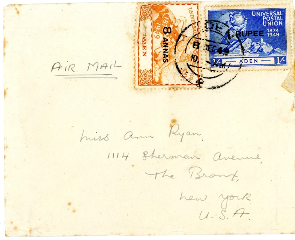 ADEN 34-35 ON 1949 COVER TO "THE BRONX" NEW YORK USA - Image 1 of 1