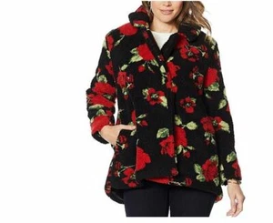 Abrigo de peluche Curations rojo negro estampado floral NUEVO CON ETIQUETAS talla grande - Imagen 1 de 2