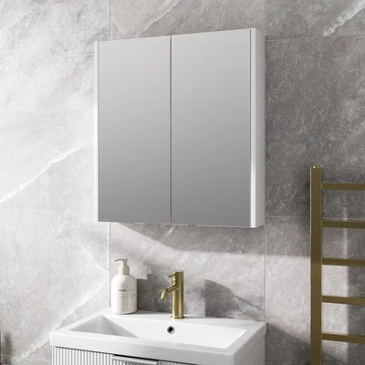600mm Bathroom Mirror Cabinet 2 Door Storage Cupboard Wall Hung Modern White - Image 1 of 4