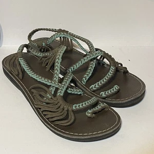 Plaka Size 7 Flat Sandals Original Teal Brown Strappy Braided Palm Leaf Woven - Picture 1 of 8