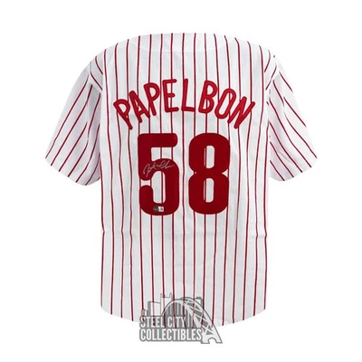 Camiseta de béisbol a rayas personalizada autografiada por Jonathan Papelbon Philadelphia -BAS Foto 1 de 2
