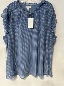 New Woman Plus Size Tamara H Blouse Size 3X Short Sleeves Blue With Polka Dots - Picture 1 of 4