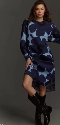 Marimekko Febina Unikko Poplin Dress Anthropologie Long Sleeve Blue 36 Small NWT - Image 1 of 3