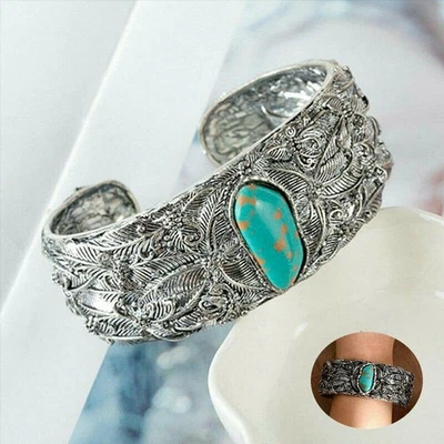 Brazalete Brazalete Abierto Joyería Ancho Turquesa Boho Tibetano Plata Mujeres Retro Foto 1 de 4
