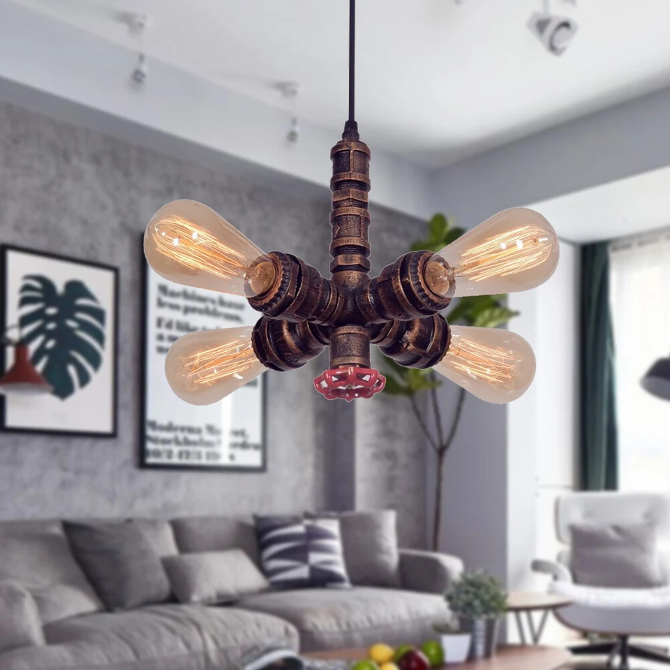 Retro Iron Ceiling Pendant Light Hanging Lamp Steampunk Water Pipe Chandelier - Image 1 of 4