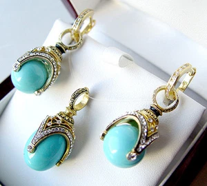 SALE ! SUPERB EGG PENDANT & EARRINGS SET STERLING SILVER GENUINE TURQUOISE - Picture 1 of 1