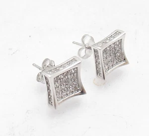 10mm Unisex Kite Square Clear CZ Pave Stud Earrings Real 925 Sterling Silver - Picture 1 of 4