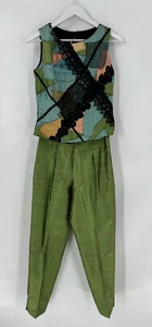 Lili Butler Womens Vintage Outfit 8 Medium Green Black Silk Blouse Pants Satin - Picture 1 of 24