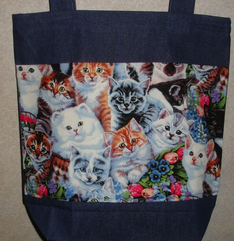 NUEVO Bolso de Mano Grande Hecho a Mano Lindo Gatito Gatitos Gatitos Flores Denim Foto 1 de 1