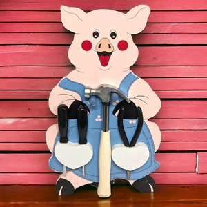 Pig Wood Tool Holder Wall Hung Hammer 2 Screwdrivers Needle Nose Pliers PIggy - Picture 1 of 6
