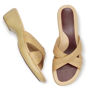 Ecco Tan Leather Slip On Wedge Sandals Size 8 8.5US 39EU Criss Cross Straps - Picture 1 of 11