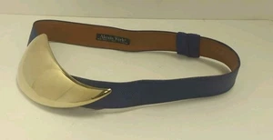 Vintage 80s Alexis Kirk Huge Gold Statement Buckle w/Blue Lizard Leather Belt - Picture 1 of 6