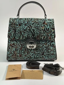 New Patricia Nash Chauny Tooled Turquoise Leather Crossbody Bag Satchel w/strap - Picture 1 of 9