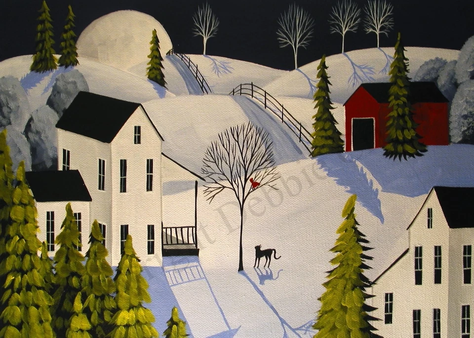 IMPRESIÓN De Pintura Aceo Invierno Paisaje Gato Hablando Pájaro Nieve Arte Popular Ingenuo  Foto 1 de 1