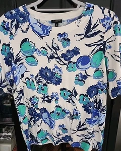 Talbots Womens Large Petite Blue Floral On White Knit Top Elbow Sleeve Career - Picture 1 of 6
