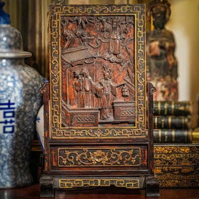 Increíble pantalla de mesa asiática china grande antigua de madera tallada Foto 1 de 4