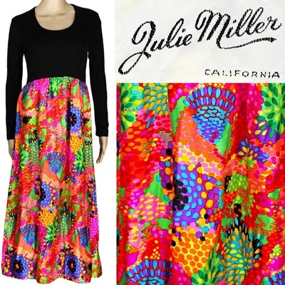 1960s Vintage Maxi Hostess Dress Psychedelic Mod Neon Julie Miller California 12 - Image 1 of 4