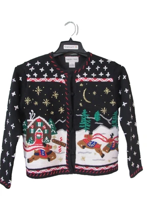VTG. HAMPSHIRE STUDIO BLACK UGLY CHRISTMAS CARDIGAN REINDEER P/P PETITE VGUC - Image 1 of 4
