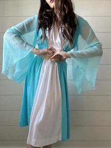 1970s Angel Wing Sleeve Dress Blue Volup Friendly Chiffon Sleeves Groovy Mod - Picture 1 of 12