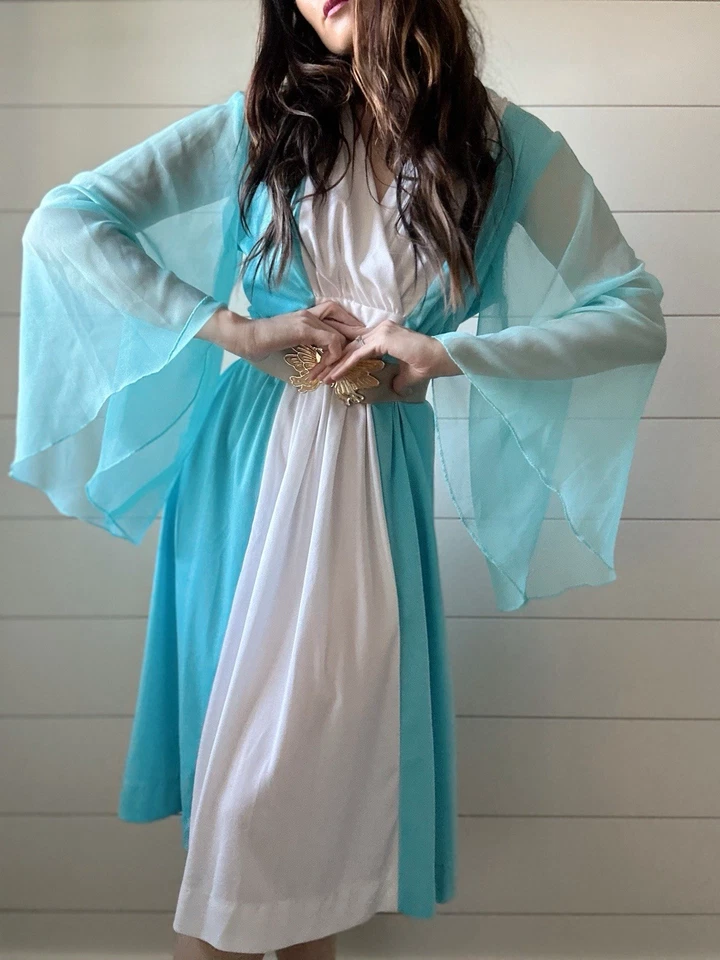 1970s Angel Wing Sleeve Dress Blue Volup Friendly Chiffon Sleeves Groovy Mod - Image 1 of 4