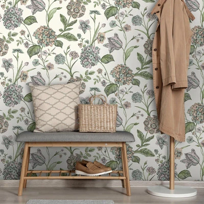 Papel pintado de colores florales Amelie hortensia follaje crema Rasch 260162 Foto 1 de 4