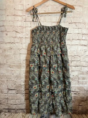 Liberty of London Dress Women Large Peacock Print Tiered Bow Tie Sleeves Smocked - Image 1 of 4