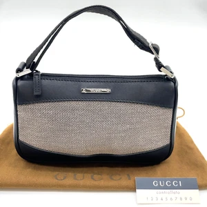 Authentic GUCCI Canvas Leather Logo Plate Black 92821204991 Pouch SK040754 - Picture 1 of 16