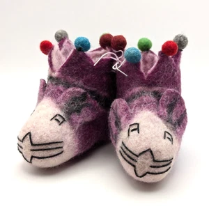Felted Wool Baby Boot Bootie Crib Shoe 6-12 Months Jester Purple Tiger Nepal - Picture 1 of 9
