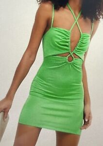 New Look Green Slinky Cut Out Strappy Halter Mini Dress Size 12
