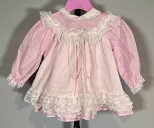 Vestito bambino vintage rosa a pois con orlo in pizzo bianco tg 12 mo - Foto 1 di 3